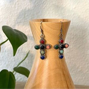 Sterling Silver dangle Cross Earrings with multicolor stones.